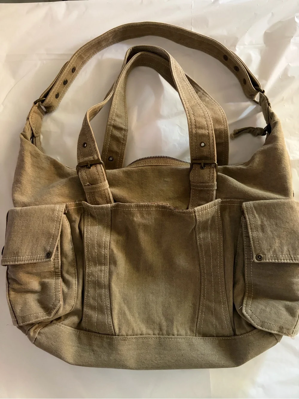 Khaki Canvas Utility Tote Bag | Multi Pocket Shoulder Bag